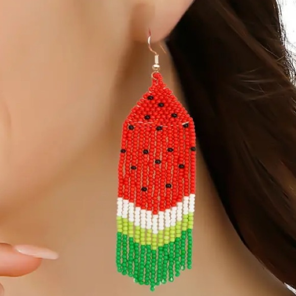 Boho Watermelon Seed Bead Fringe Earrings - Picture 1 of 7